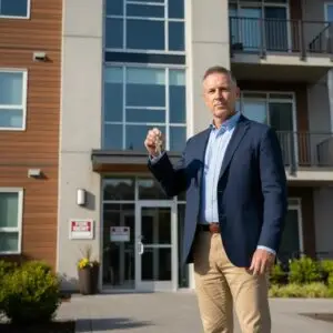 Real estate investor standing outside a residential investment property considering cash-out refinancing.