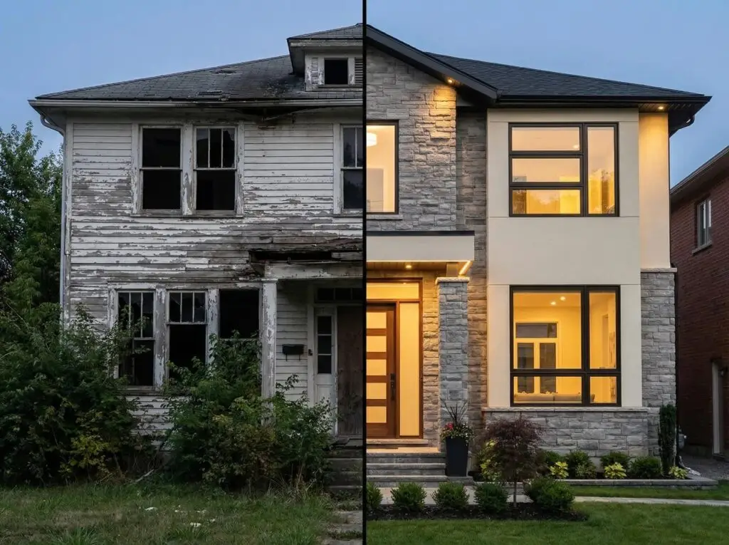 Before and after transformation of a residential fix-and-flip property showing a fully renovated home completed with financing for real estate investors.