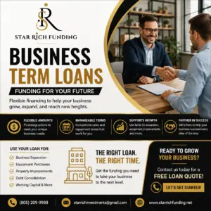 Star Rich Funding business term loan financing graphic for established businesses seeking funding for expansion, equipment, improvements, and business growth.