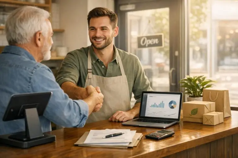 Business buyer and seller shaking hands during an existing business acquisition.