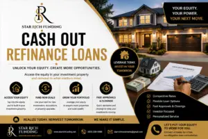 Purchase, refinance, and cash-out refinance loan graphic from Star Rich Funding featuring residential investment properties and financing solutions for real estate investors.