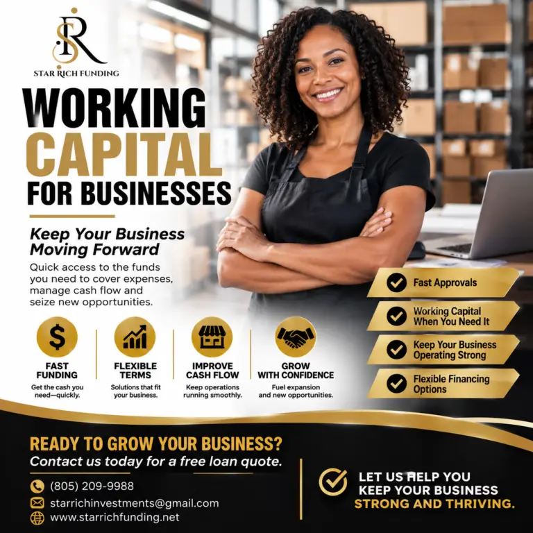 Star Rich Funding working capital financing graphic featuring a small business owner and flexible funding solutions for business expenses and growth.