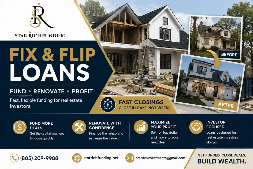 tar Rich Funding Fix & Flip Loans graphic showing real estate renovation financing for investors with before and after home renovation images