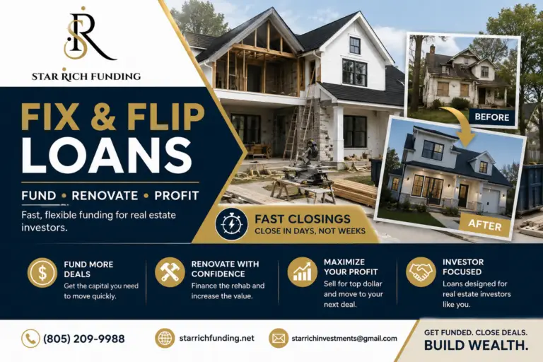 tar Rich Funding Fix & Flip Loans graphic showing real estate renovation financing for investors with before and after home renovation images