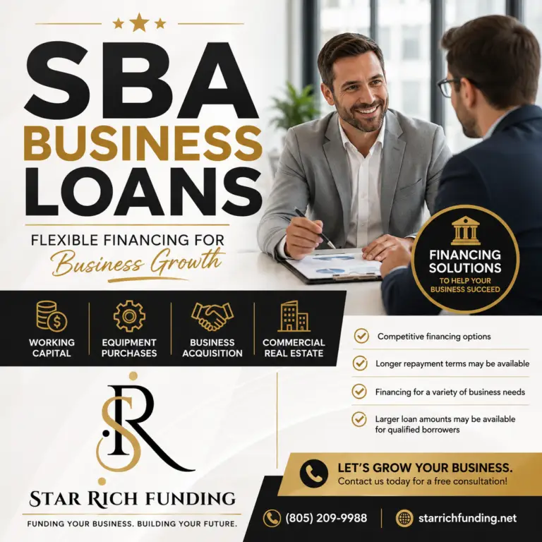 SBA Business Loans from Star Rich Funding for working capital, equipment, business acquisitions, commercial real estate, and business growth.