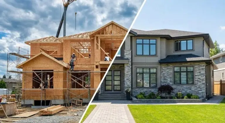Before and after comparison of a residential property showing the transformation from construction site to completed home through new construction financing.