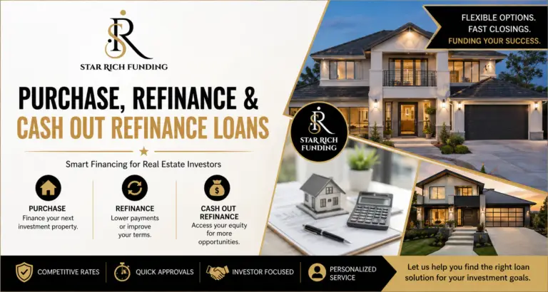 Purchase, refinance, and cash-out refinance loan graphic from Star Rich Funding featuring residential investment properties and financing solutions for real estate investors.