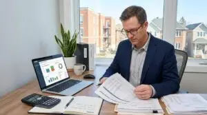 Real estate investor reviewing rental income and property cash flow for a DSCR loan application.