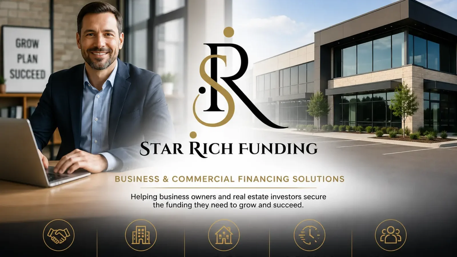 Professional business owner standing in an office beside a modern commercial building representing business loans, commercial financing, and real estate investor funding from Star Rich Funding.